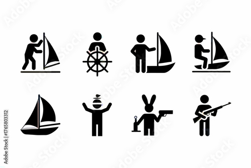 Set of Vector Icons Representing Sailing Boating Achievement and Conflict in Simple Black Silhouettes on White Background