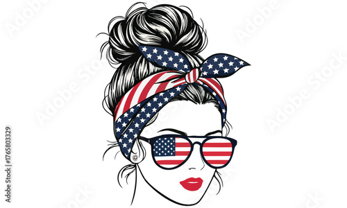Stylish vector illustration of a woman with a messy hair bun wearing sunglasses and a bow or headband patterned with the American flag.