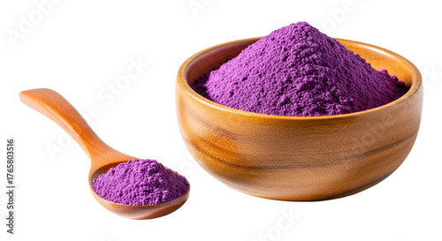 Purple yam powder in a wooden bowl and spoon isolated on transparent background, a vibrant and healthy ingredient