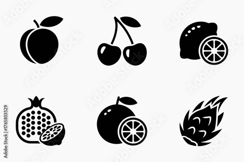 Variety of Fresh Fruit Icons in Black Silhouette on White Background Nutritional and Healthy Eating Design Elements