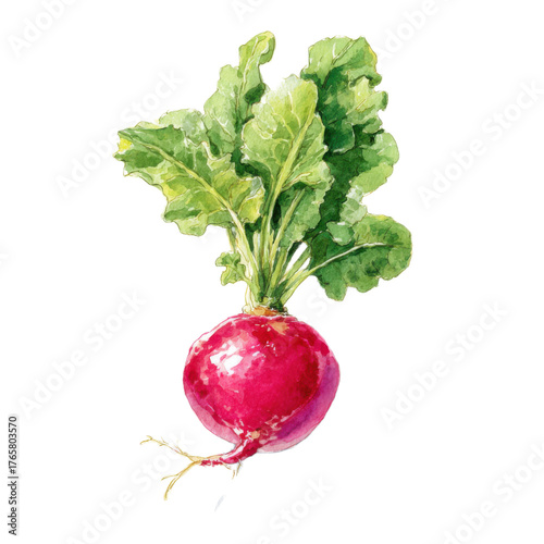 A watercolor painting of a radish with green leaves
