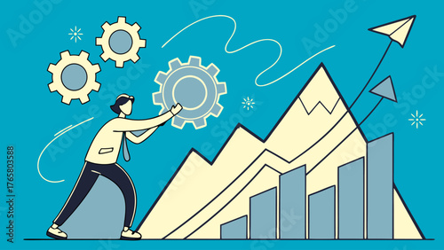 Businessman adjusting gears while standing next to rising graph, symbolizing growth and progress in business