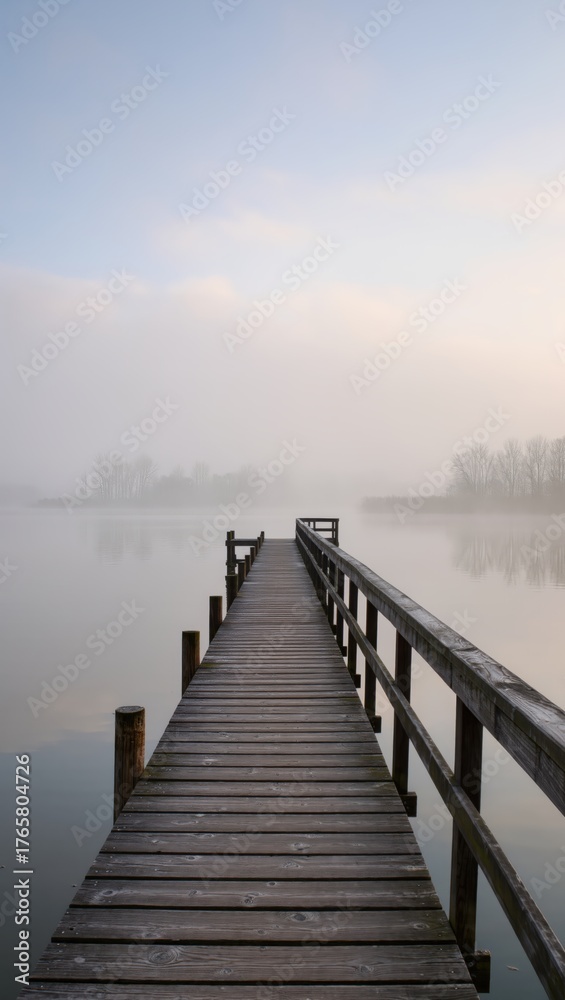 Naklejka premium A weathered wooden pier extends into a serene lake, shrouded in a soft, misty morning atmosphere, offering a tranquil scene.