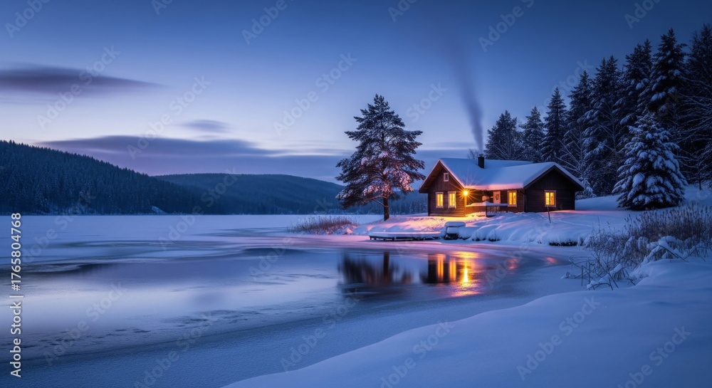 Fototapeta premium Cabin by Snowy Lake at Dusk with Forest and Reflections in Water