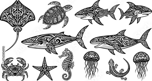 Polynesian tribal animal tattoos. Maori style ocean creatures as stingray, sea turtle, shark, whale, dolphin, crab, starfish, seahorse and jellyfish. Lizard ethnic ink art vector set