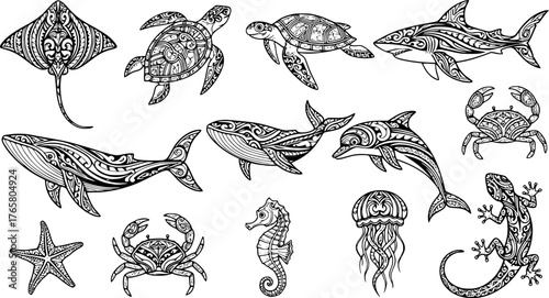 Polynesian tribal animal tattoos. Maori style ocean creatures as stingray, sea turtle, shark, whale, dolphin, crab, starfish, seahorse and jellyfish. Lizard ethnic ink art vector set