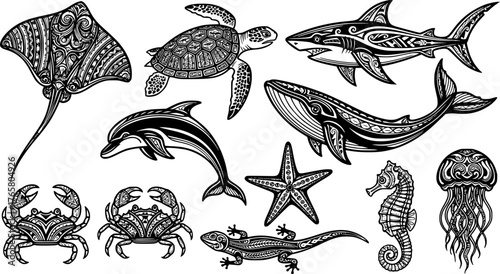 Polynesian tribal animal tattoos. Maori style ocean creatures as stingray, sea turtle, shark, whale, dolphin, crab, starfish, seahorse and jellyfish. Lizard ethnic ink art vector set