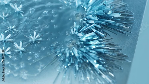 Close-up view of water droplets creating unique designs on a cold surface. The play of light and texture showcases the beauty of nature in a chilly atmosphere