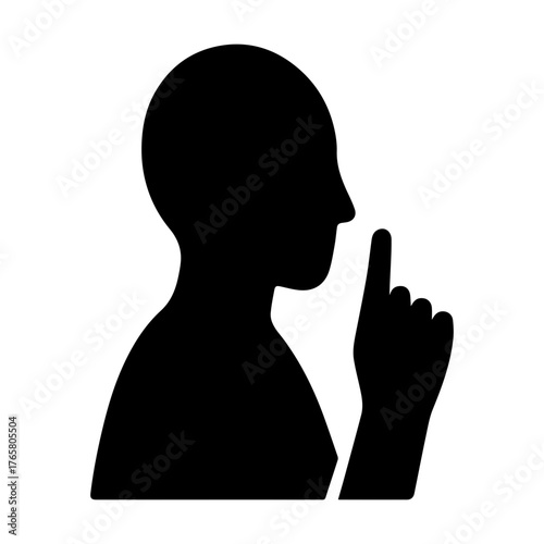 Person raising finger to lips icon with transparent background — representing “keep quiet,” silence, or do not disturb signage.
