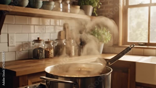 Steaming pot of homemade vegetable soup on a stove, with wooden kitchen background and utensils