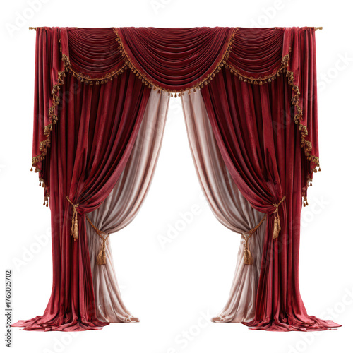 Elegant red velvet stage curtains with gold tassels and a draped valance are pulled back to reveal a soft inner lining and an opening