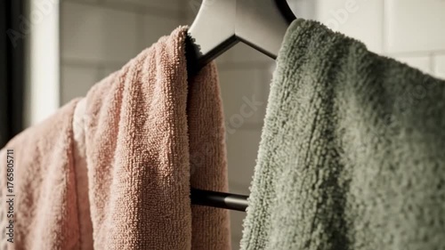 Soft, textured towels hanging on a modern rack in a sunlit bathroom, creating a cozy atmosphere