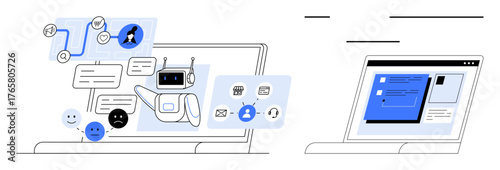 AI-powered chatbot on a screen exchanging messages, managing tasks, and processing actions. Ideal for technology, automation, customer service, business tools, AI interaction, communication