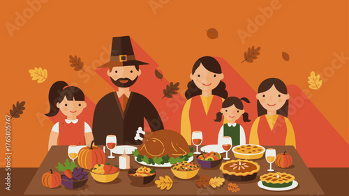Festive Thanksgiving Family Dinner with Pilgrim Costume, Autumn Decor, and Traditional Holiday Foods – Warm Celebration of Gratitude and Togetherness