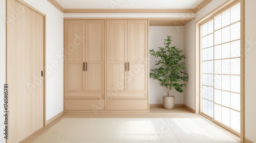 Elegant minimalist interior design with wooden cabinets, natural light, and a potted plant in a serene indoor space