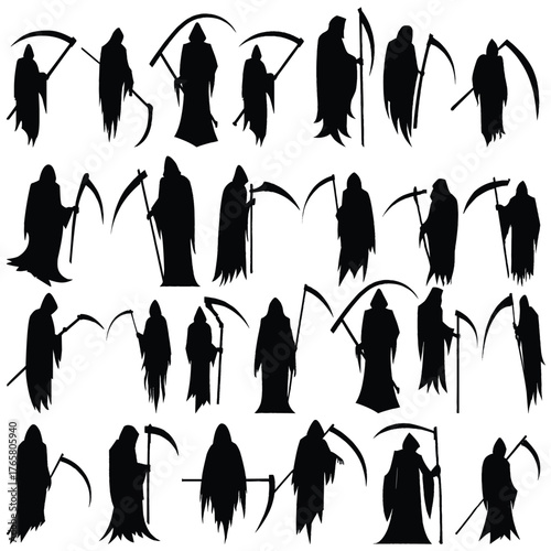 A mysterious figure draped in burnt black fabric, holding long sharp scissors in hand, standing near the doorway as if to claim a soul. Dark, eerie atmosphere, dim lighting, haunted mood, symbol of de