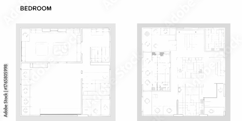 Architectural floor plan drawings of a modern bedroom and living space layout