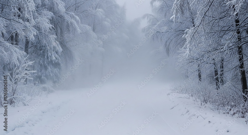 Obraz premium Snow Covered Path Leading Through Forest Trees in Winter Season