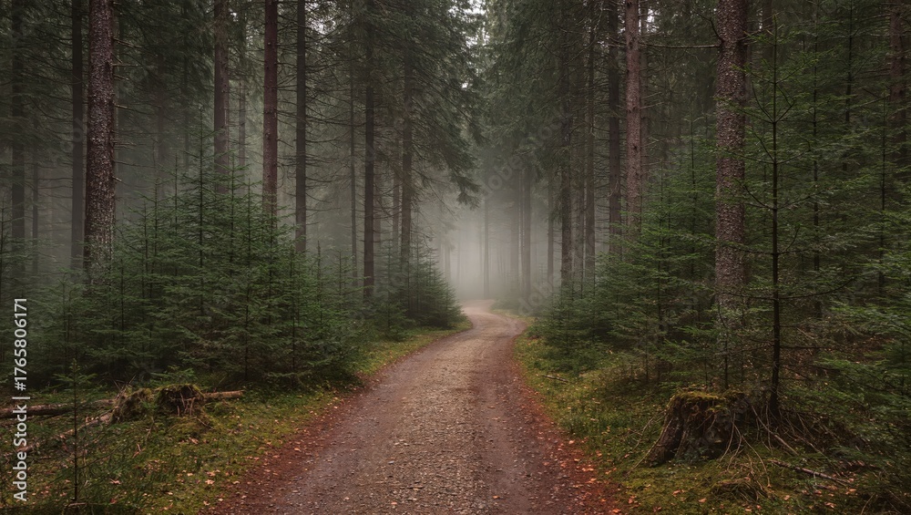 Fototapeta premium A winding forest path, enveloped in misty atmosphere, invites a journey through a serene and enchanting woodland scene. The towering trees create a sense of depth and mystery.