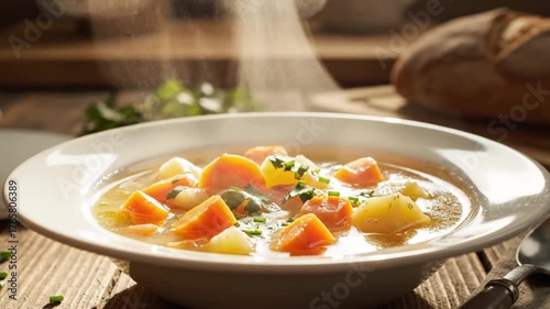 Warm and inviting bowl of vegetable soup with steam rising, surrounded by rustic kitchen elements