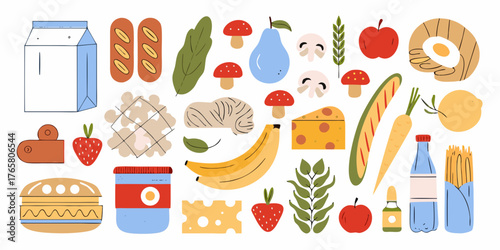 A vibrant collection of flat design food illustrations including fruits vegetables dairy and bread