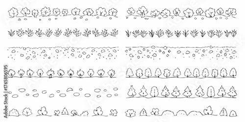Collection of hand drawn black and white decorative borders featuring trees grass bushes and rocks