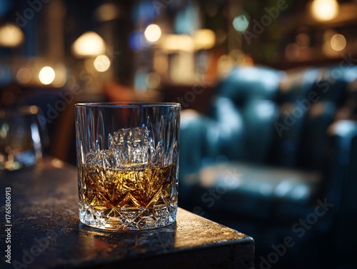 Elegant whiskey glass with rich golden drink in warm luxury bar lighting and refined celebration atmosphere