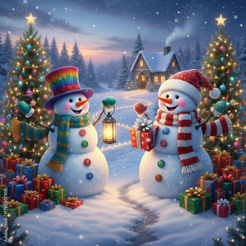 Festive Snowmen Holding a Lantern Surrounded by Christmas Trees and Gifts in a Cozy Winter Landscape