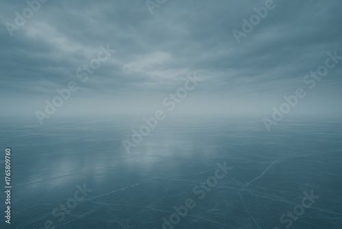 A vast, tranquil expanse of ice stretches towards the horizon under a cloudy, overcast sky, its smooth surface reflecting the muted light. 