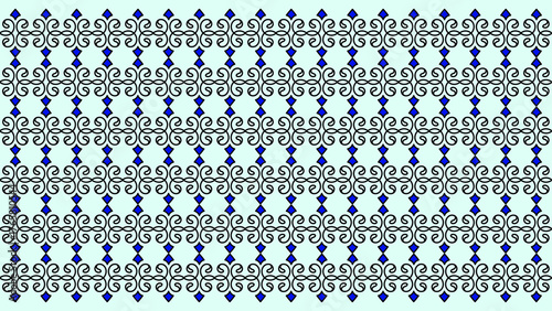 Seamless Ornate Scroll Pattern with Blue Diamonds on Light Cyan Background