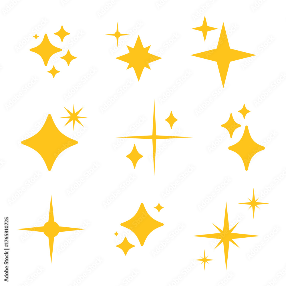 Fototapeta premium Shine, sparkle golden stars on white background. Sparkle yellow star symbols. Shine retro icons. Flat blink twinkle, sunburst star shapes. Magic light flare, bright flash star. Shining glow.