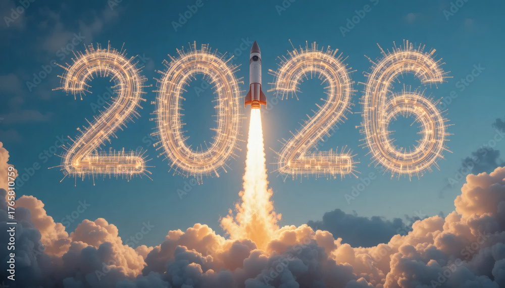 Naklejka premium Rocket launching into the sky with bright trails forming the number ‘2026’, representing ambition, innovation, and a bold new start