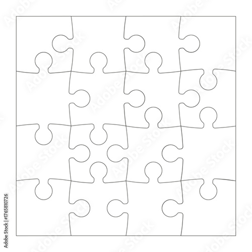 Puzzle pieces thin contour isolated on white background. Jigsaw puzzle game square template with angles. Outlines puzzle pieces. Adjustable, editable simple mockup.