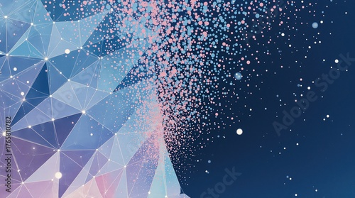 Abstract digital network exploding into particles with geometric shapes