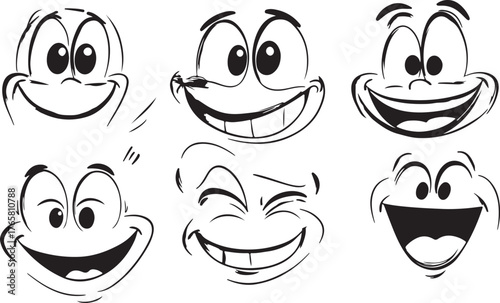 Cartoon vector illustration set of funny face icons with cute smiles, eyes, and fruit characters like apple, tomato, and fish