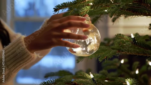 **Global Christmas Decoration**: A woman gracefully hangs a sparkling globe ornament on a festive Christmas tree, symbolizing worldwide holiday cheer in a cozy winter home.