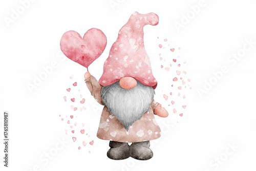 Cute watercolor gnome holding a pink heart balloon, sweet and romantic, for Valentine's Day on a white background