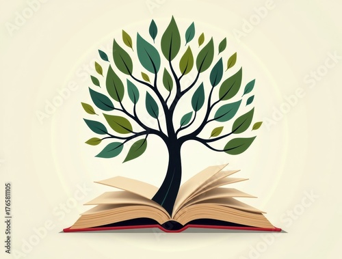 Explore knowledge with a tree of life growing from open book pages for education design