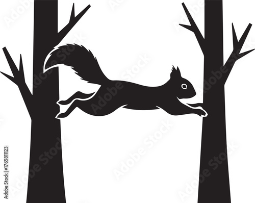 Silhouette of a squirrel leaping between two trees in a forest scene