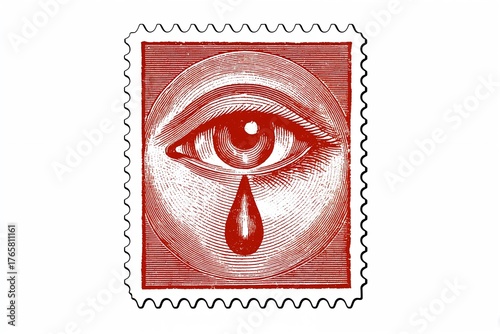Engraved postage stamp of an eye shedding a blood tear, monochrome red, representing pain and sorrow on white background