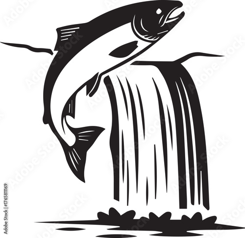 Majestic salmon leaping up a cascading waterfall in a dynamic upward motion