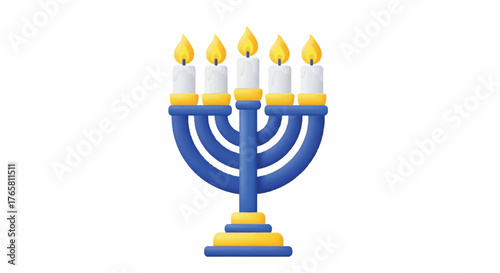 A blue and yellow menorah with lit white candles on a plain white background, symbolizing the Jewish faith and culture.