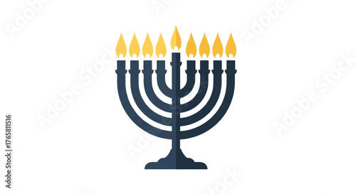 Graphic illustration of a traditional Jewish menorah with nine lit candles on a plain white background.