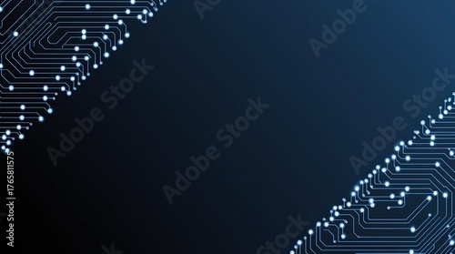 Abstract blue digital circuit board pattern with glowing lights and copy space