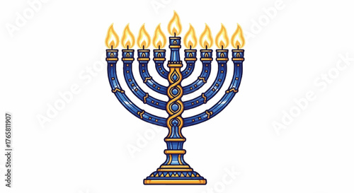 A traditional Jewish menorah with nine lit candles on a white background, showcasing blue and gold details in a simple, iconic design.