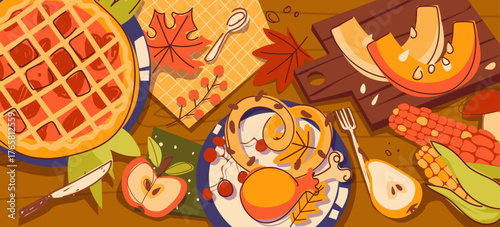 Cozy thanksgiving dinner spread with pumpkin pie, roasted turkey leg and corn for autumn celebrations or harvest festivals. Apple slices, pear and maple leaves on wooden table. Seasonal feast.
