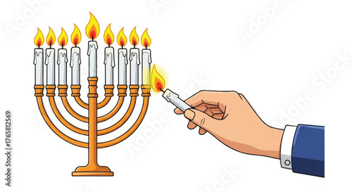 Illustration of a hand lighting a menorah with a lit candle on a white background, symbolizing the Jewish tradition.