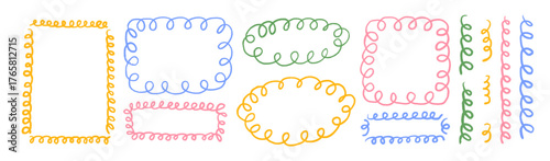 Wavy lace and curly wedding frames. hand drawn oval, round and rectangle vintage border set.