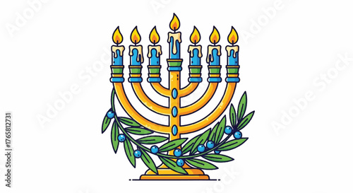 Illustration of a traditional Jewish menorah with olive branches on a white background, symbolizing the International Day of Older Persons.