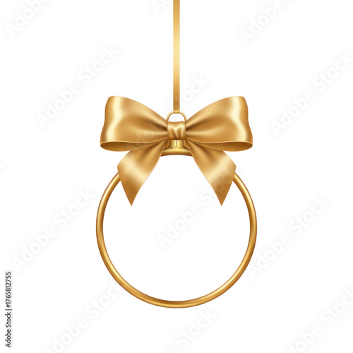 Elegant golden ribbon bow with a ring, perfect for festive decorations and gifts design and